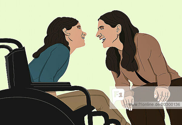 Happy woman in wheelchair laughing with friend