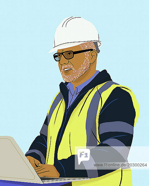 Male engineer in reflective vest and hard hat using laptop