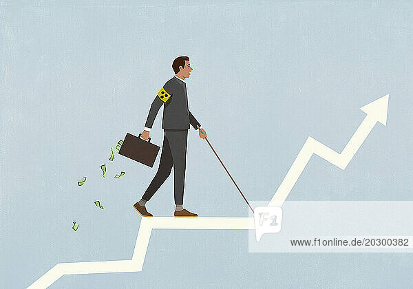 Blind businessman investor navigating investment chart arrow