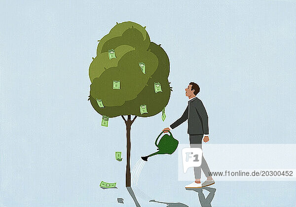 Excited man watering money tree and watching it grow