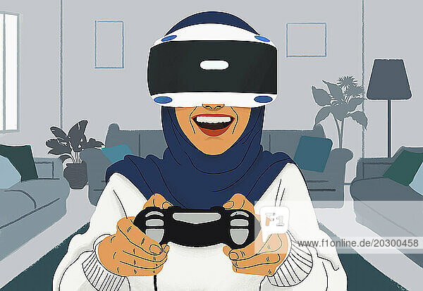 Happy woman in hijab playing video game with VR headset