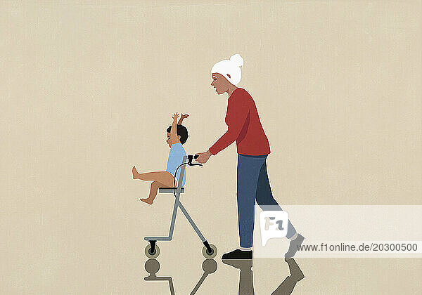 Active senior grandmother pushing grandson on mobility walker