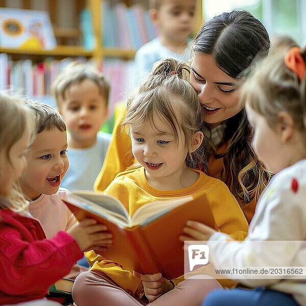 Eine Erzieherin liest einer Gruppe von Kindern vor  alle sitzen fröhlich in einer Bibliothek  KI generiert