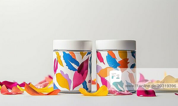 Zwei Creme Glas leere Mockups mit bunten Blütenblättern geschmückt. Weißer Hintergrund AI generiert  KI generiert