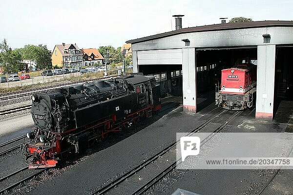 Steam locomotive in front of engine shed