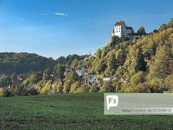 Egloffstein castle and village in the Trubach valley in autumn  Egloffstein  Upper Franconia  Franconian Switzerland  Bavaria  Germany  Europe
