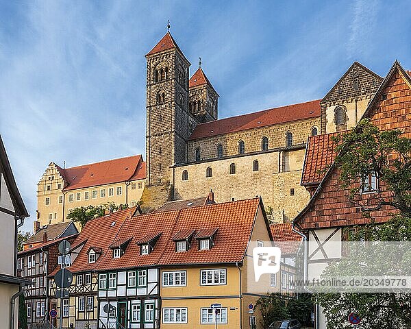The castle hill with the collegiate church of St. Servatii above the half-timbered houses in the historic old town  UNESCO World Heritage Site  Quedlinburg  Saxony-Anhalt  Germany  Europe
