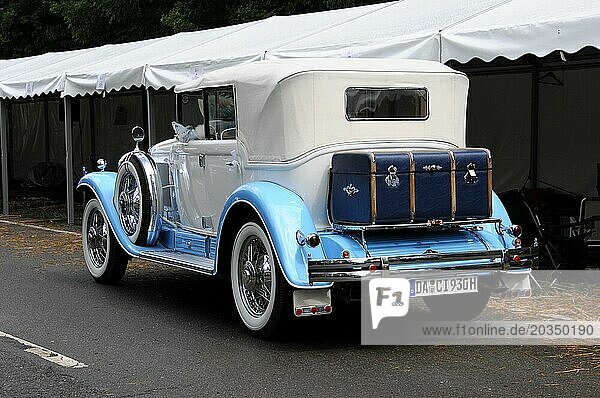 Cadillac Imperial Phaeton  built in 1930  rear view of a blue and white classic convertible next to a tent  SOLITUDE REVIVAL 2011  Stuttgart  Baden-Württemberg  Germany  Europe