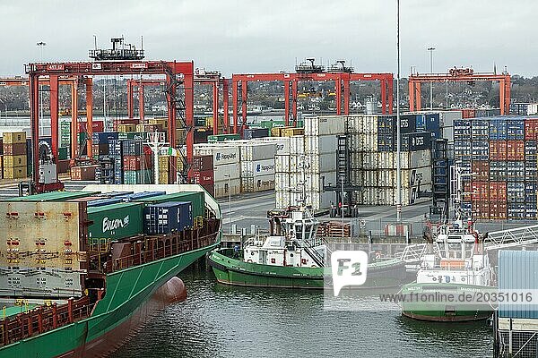 Container ship  container bridge  container  tugboat  harbour  Dublin  Republic of Ireland