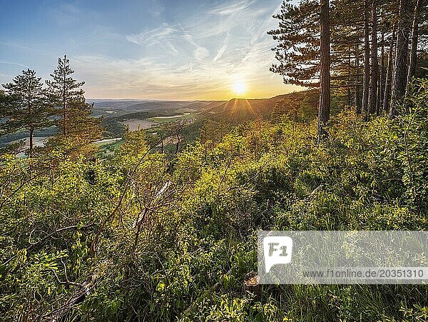 Ausblick von den Muschelkalkhängen bei Bad Blankenburg auf typische Hügellandschaft mit Wäldern und Feldern bei Sonnenuntergang  Bad Blankenburg  Thüringen  Deutschland  Europa