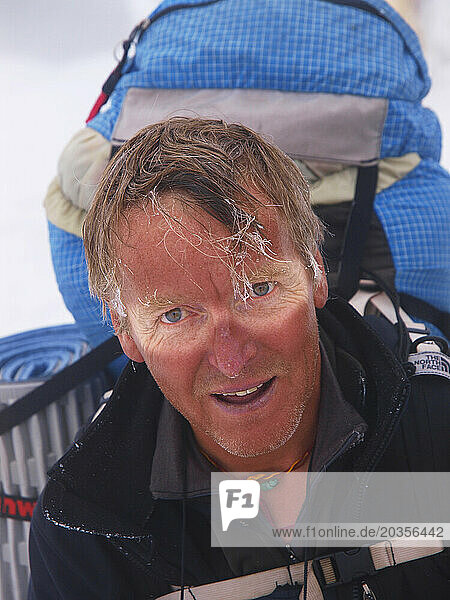 Manaslu mountaineering expedition 2008  Nepal Himalayas: Dutch mountaineer with sunburned face  after returning from the death z