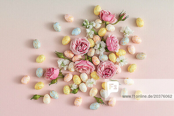 Pastel Easter Eggs and Pink Roses Arrangement