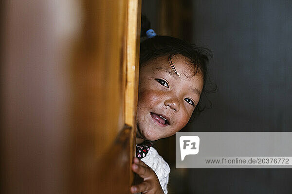 Nepalese girl smiling to camera  Phakding  Solu Khumbu  Nepal