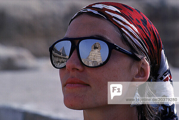 Egyptian Sphinx reflected in sunglasses.