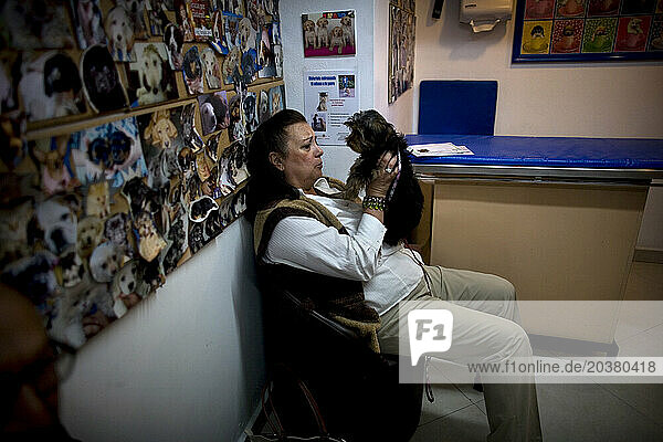 A woman holds her Yorkshire Terrier at a Pet Hospital in Condesa  Mexico City  Mexico