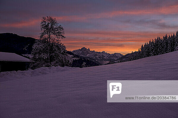 Austria  Salzburger Land  Eben im Pongau  Dachstein Mountains at winter dawn