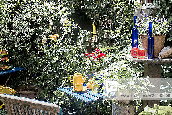 Austria Â SalzburgerÂ Land Â AltenmarktÂ imÂ Pongau Â Bottles andÂ tea set on garden table