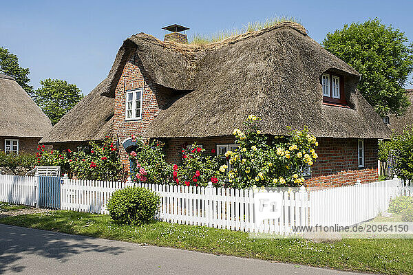 Germany  Schleswig-Holstein  Facade of rustic brick house with thatched roof