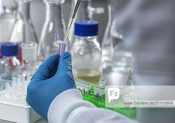 Gloved hand of scientist working on DNA samples using vial and pipette in laboratory