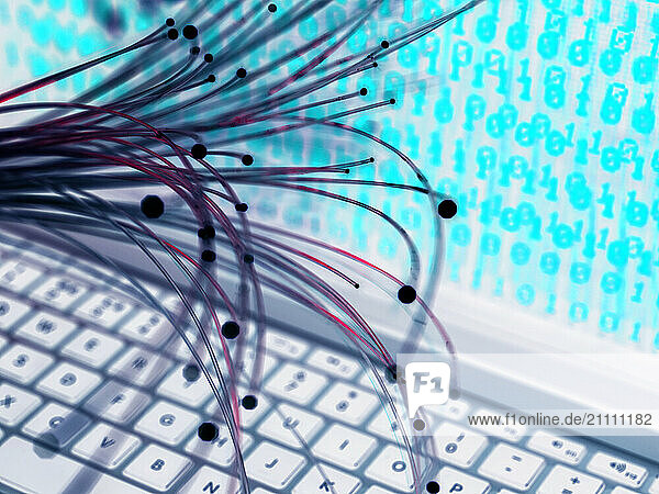 Fiber optics with virus attacking binary code in laptop