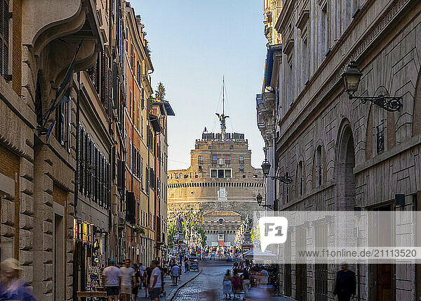 Castle of Sant'Angelo through an alley of old town  Lazio  Rome  Italy