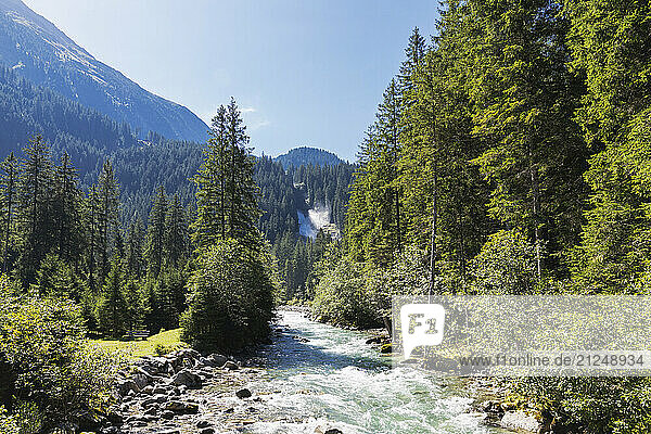 Scenic view of Krimml Waterfalls and Krimmler Ache river in Hohe Tauern National Park  Austria.
