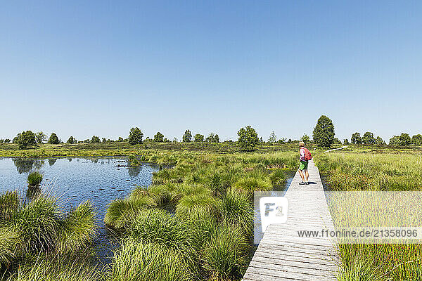 Senior woman standing with backpack on boardwalk under sky in High Fens national park  Wallonia  Belgium