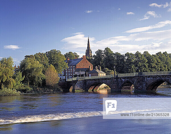 United Kingdom. England. Cheshire. Chester. City view. Old Dee Bridge across the River Dee.