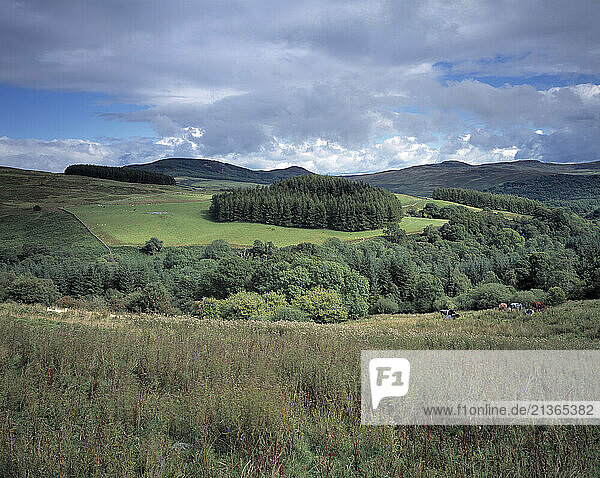 United Kingdom. Scotland. Dumfries and Galloway. Fleet valley. Landscape. Wooded hills.