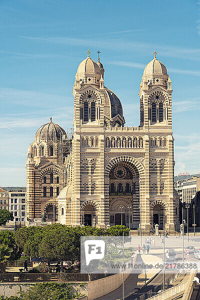 Majestic cathedral de Mayor of Marseille with two domed towers under a clear blue sky  Marseille  France