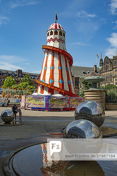 Helter-skelter feature in Summer By The Seaside event in the Peace Gardens  Pinstone Street  Heart of the City  Sheffield  Yorkshire  England