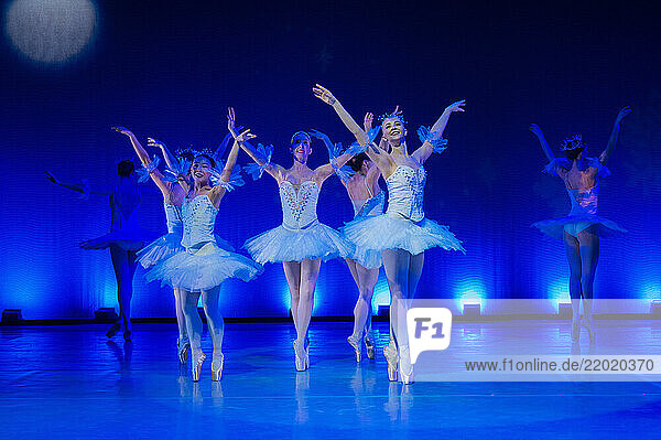 Ballet dancers in blue tutus gracefully perform on a stage with dramatic blue lighting. The Nutcracker  Bainbridge Island  USA