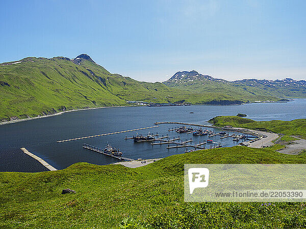 High angle view of boats moored at Dutch Harbor