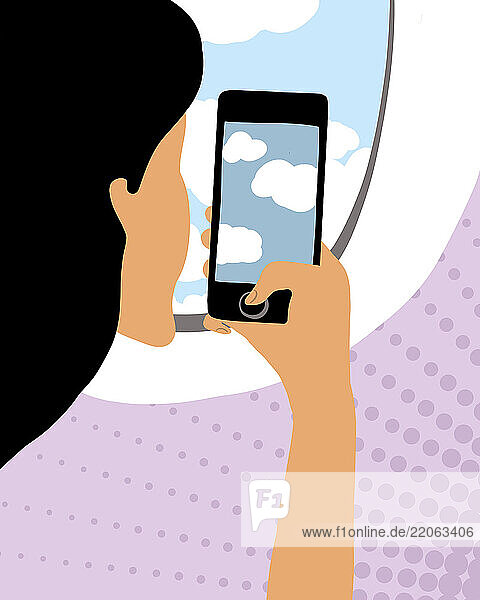 Illustration of a person taking a photo of clouds from an airplane window