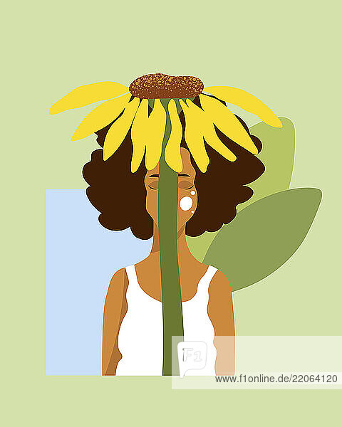 Illustration of a woman with eyes closed behind a large sunflower