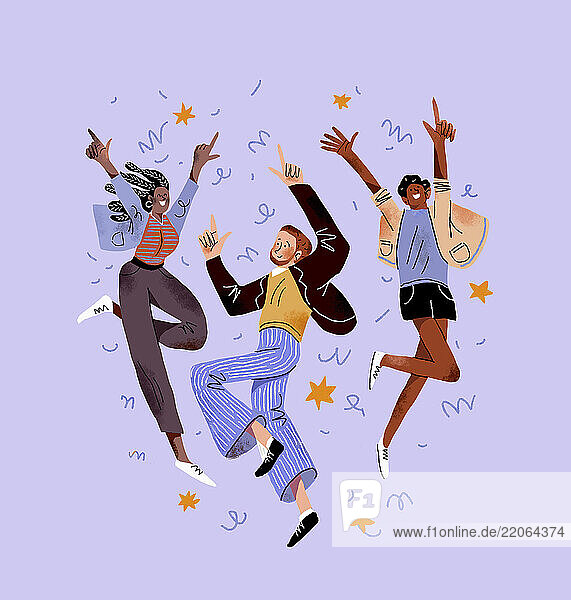 Illustration of dancing happy young people in casual clothes depicting joy and fun