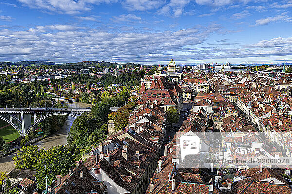Aerial view of Bern's Old City in Switzerland with rooftops and a bridge