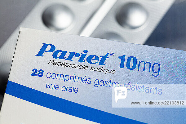 Still life of the drug Pariet  rabeprazole from the Janssen pharmaceutical group  against Gastroesophageal reflux  heartburn  gastric reflux