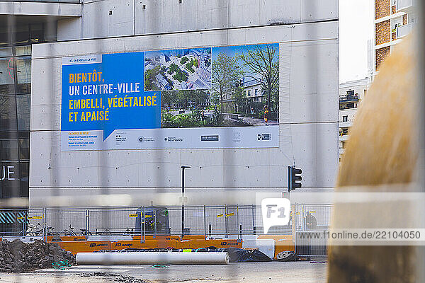 France  Ile de France  Seine-Saint-Denis  Saint-Ouen. poster  announcing development work in the town center.