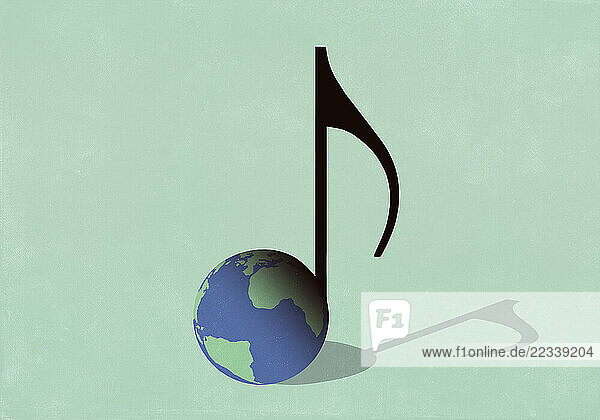 Globe musical note on green background