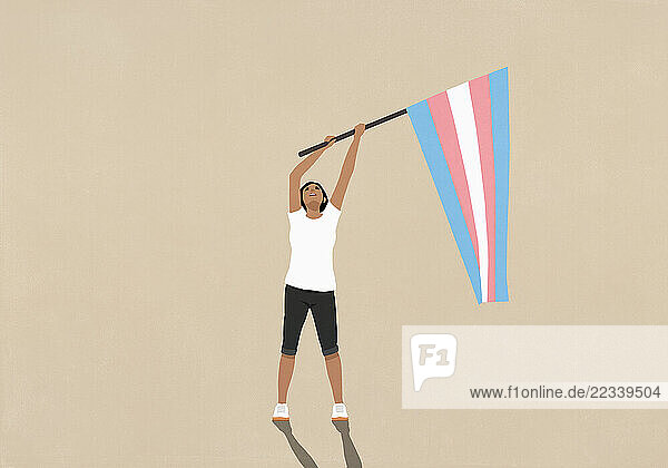 Woman waving pink  blue  and white striped Transgender Pride flag and looking up