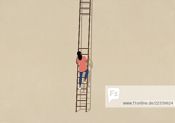 Woman climbing up ladder  looking up at missing rungs