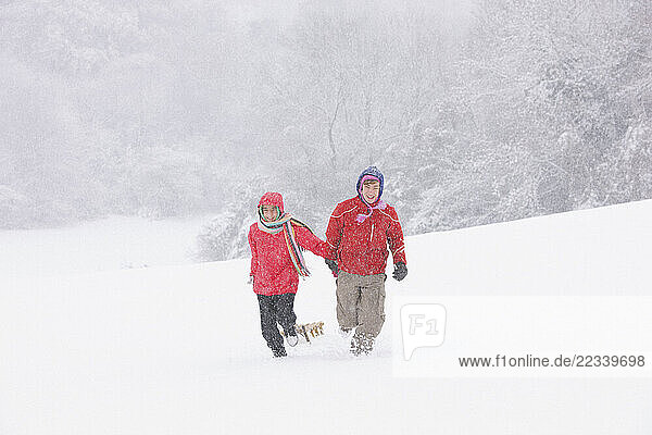 Boy and Girl Walking Through Snow Pulling Sledge