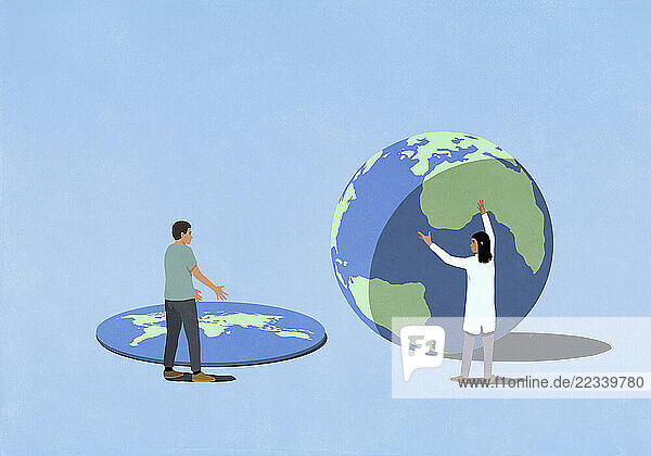Man and female scientist with conflicting perspectives about flat and round earth