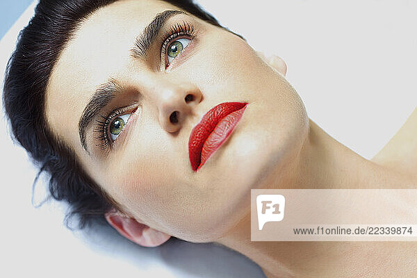 Close up of Woman s Face with Red Lipstick - High angle view