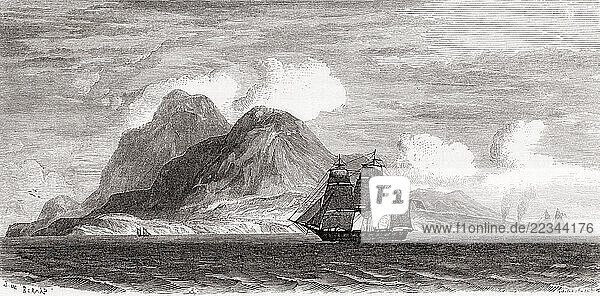 A view of Montserrat  Lesser Antilles  Caribbean Sea  seen during the 1885 expedition through the Mississippi River Delta to New Orleans of Jacques Élisée Reclus. From Le Tour du Monde  published Paris  1860.