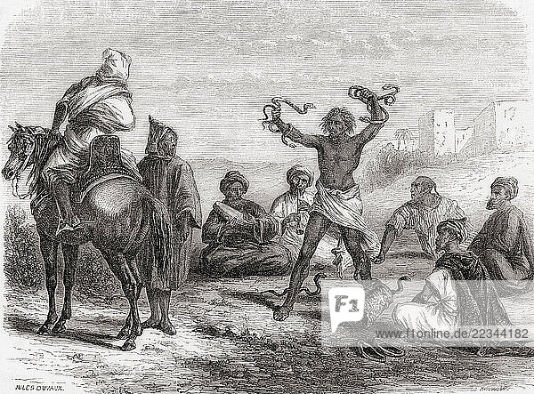 Snake charmers in Morocco  19th century. From Le Tour du Monde  published Paris  1860.