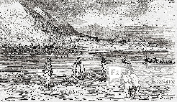 The Great Wall of China towards the Gulf of Pechili  landing of the French embassy  19th century. From Le Tour du Monde  published Paris  1860.