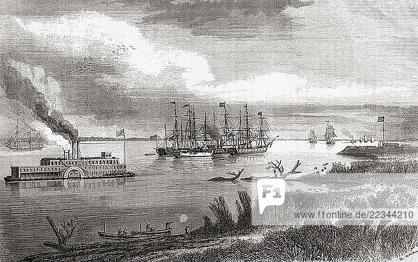 Paddle steamer and other ships on the Mississipi River  seen during the 1885 expedition through the Mississippi River Delta to New Orleans of Jacques Élisée Reclus. From Le Tour du Monde  published Paris  1860.