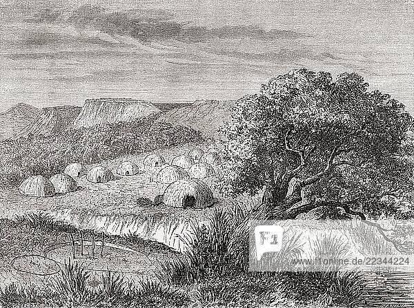 Kiowa or Cáuigú village seen during the expedition of Balduin Möllhausen to America  1853 -1854. From Le Tour du Monde  published Paris  1860.